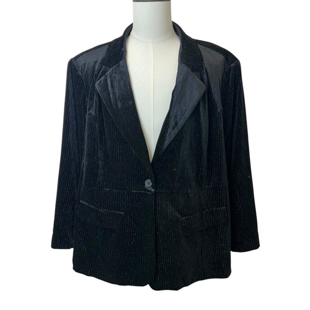 K-111 Ava & Viv Black Womens 3X Shimmer Velvet Pinstripe Blazer Jacket